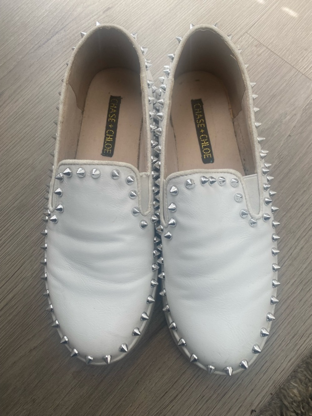 Chase + Chloe White Leather Stud-Trim Slip Ons